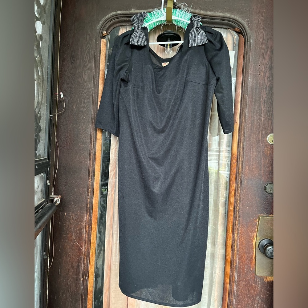 Vintage Retro 80s/90s Foreign Black Dress with Black & Silver Bows on Shoulders